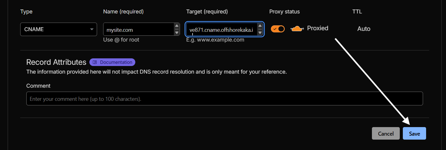 Example CNAME record added in Cloudflare DNS