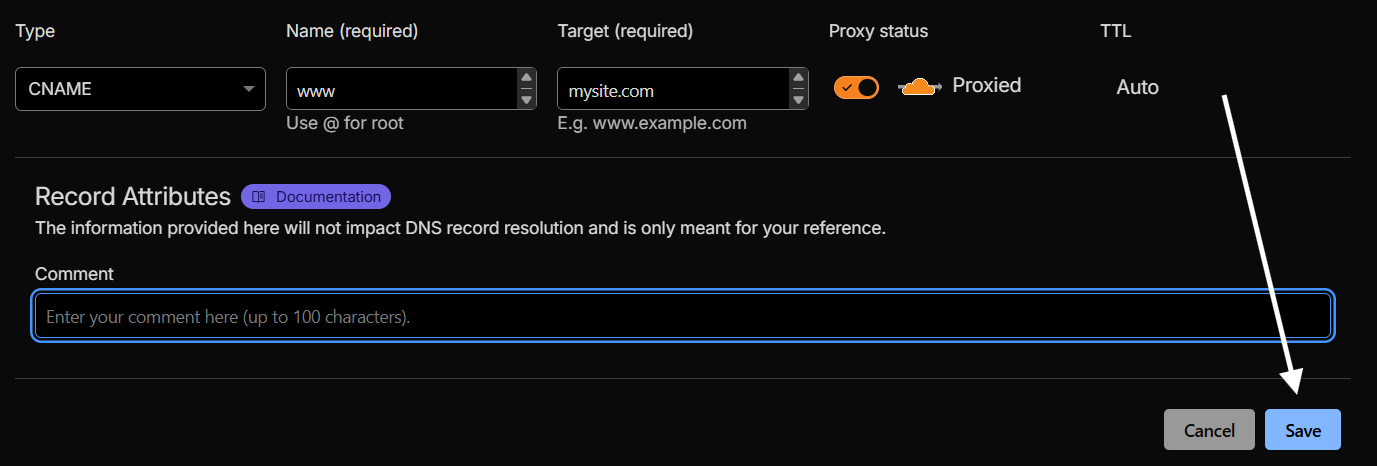 Example www/subdomain CNAME record in Cloudflare DNS