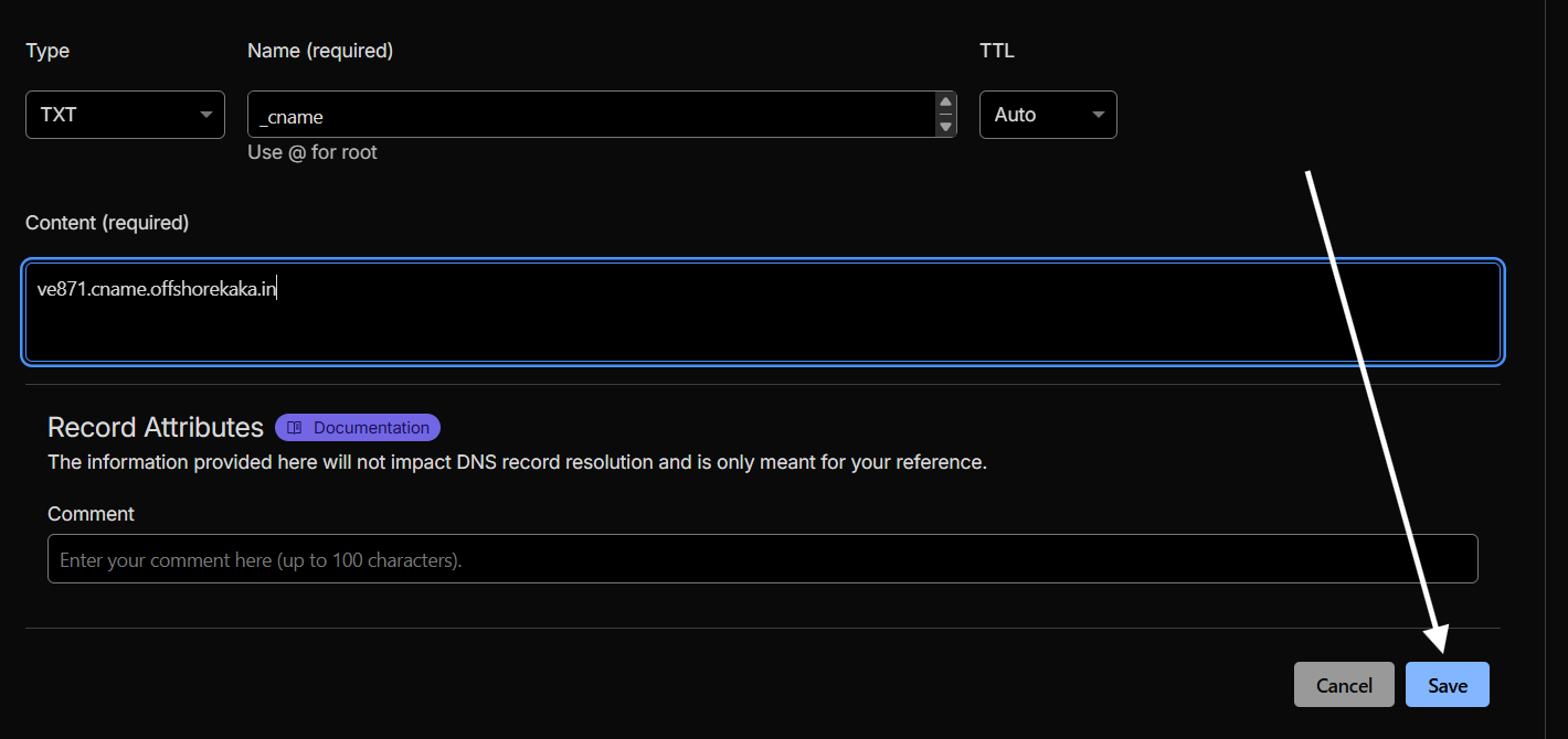 Example TXT record (_cname) added in Cloudflare DNS