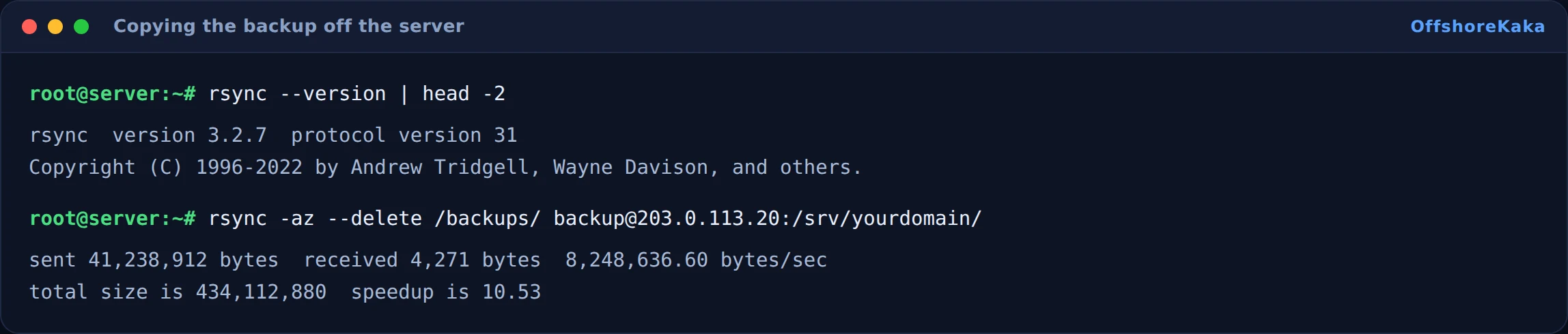 rsync transferring backup files to a remote server with a transfer summary