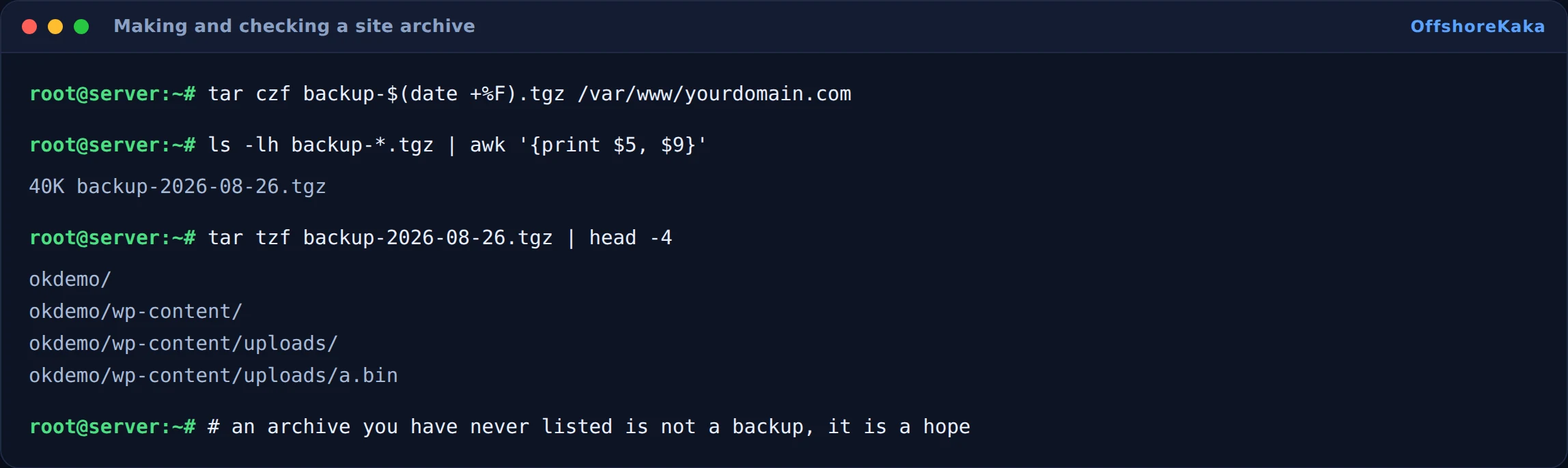 Terminal creating a tar archive then listing its contents to confirm the files are inside