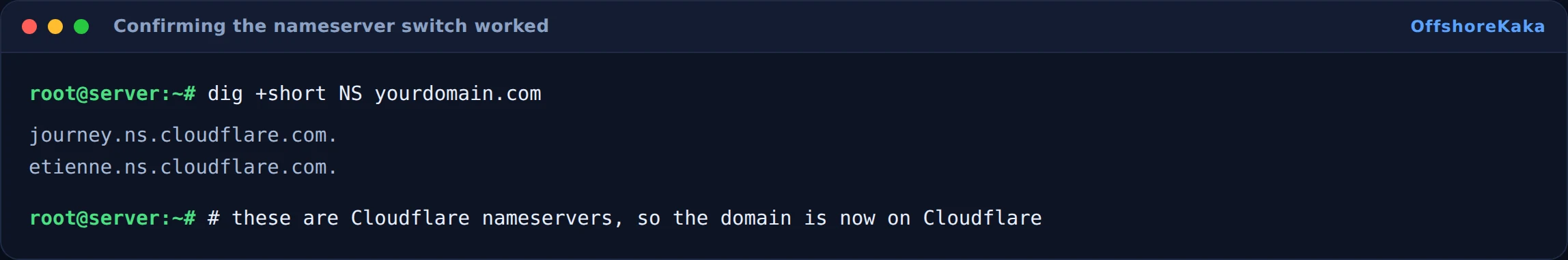 Terminal output of dig showing two Cloudflare nameservers for the domain
