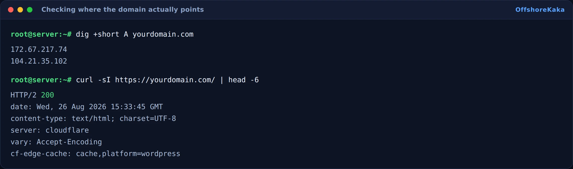 Terminal showing dig returning Cloudflare IP addresses and curl showing the response headers