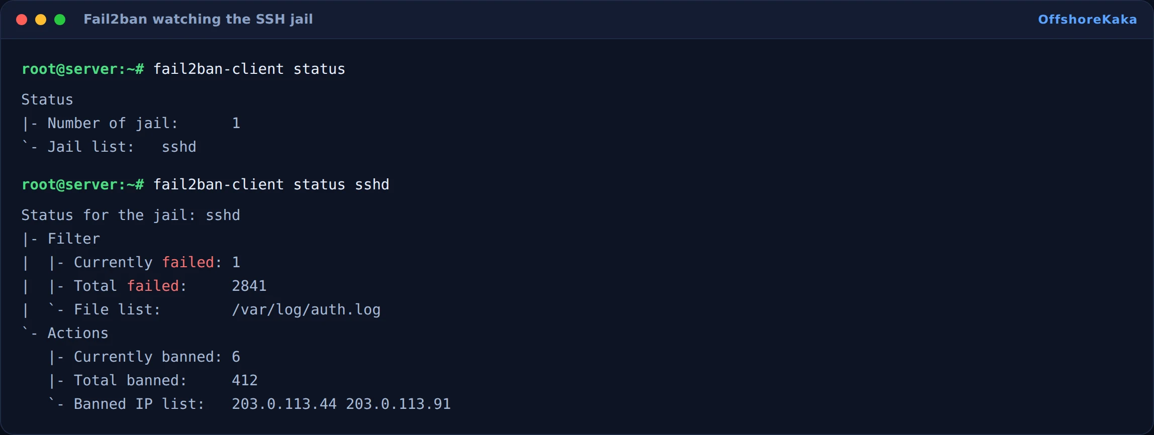 Fail2ban status output showing the sshd jail with banned IP addresses and total failure count