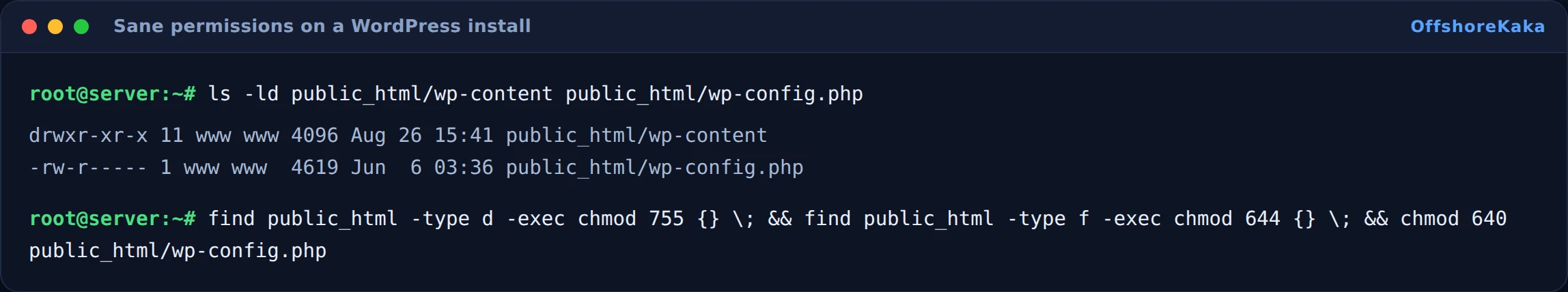 Terminal showing directory and file permissions and the find commands used to set them