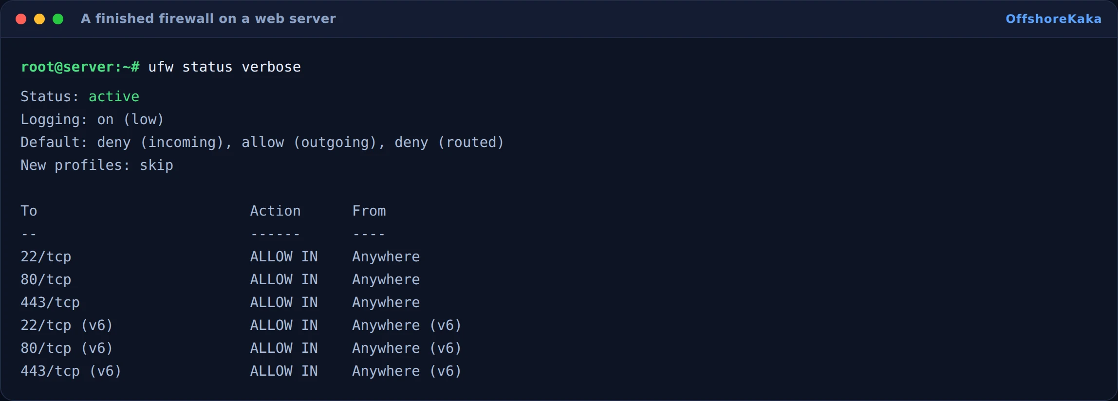 UFW status verbose output showing default deny incoming and only ports 22, 80 and 443 allowed