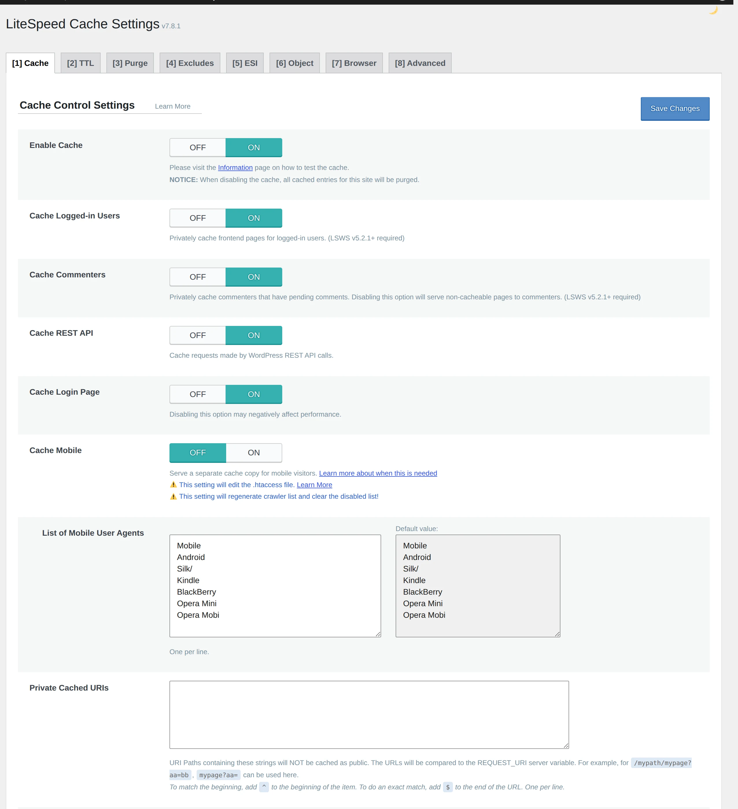 LiteSpeed Cache plugin settings in the WordPress dashboard
