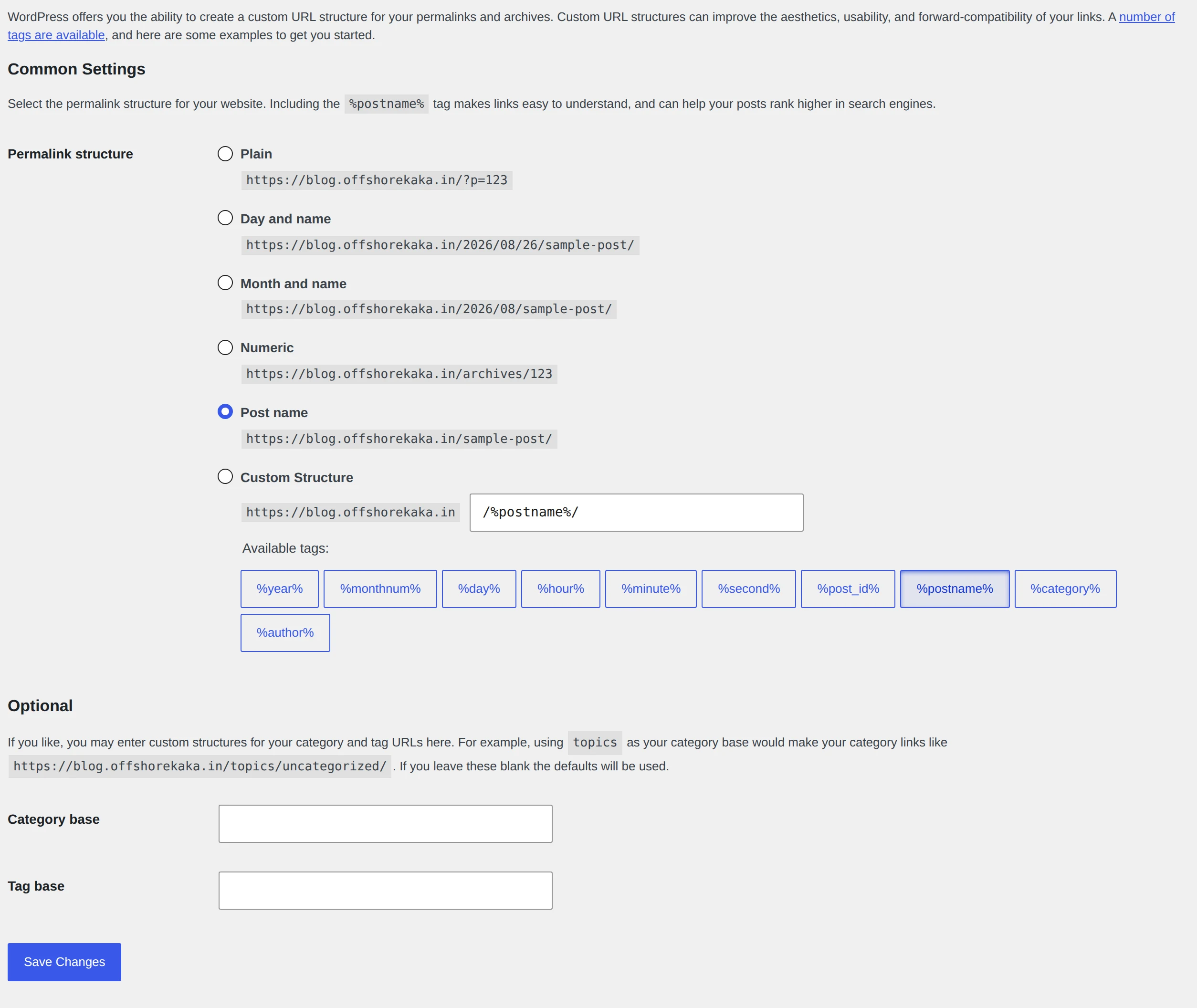 WordPress Permalinks settings page