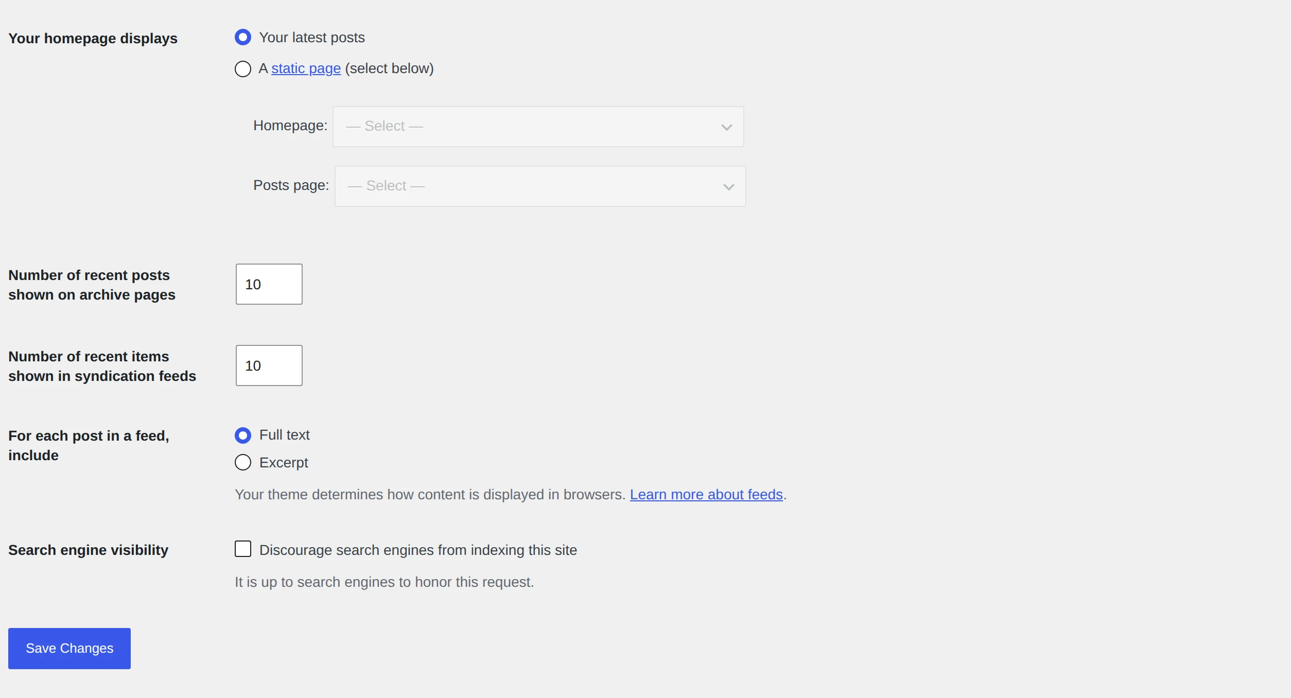 WordPress Settings Reading page with Discourage search engines