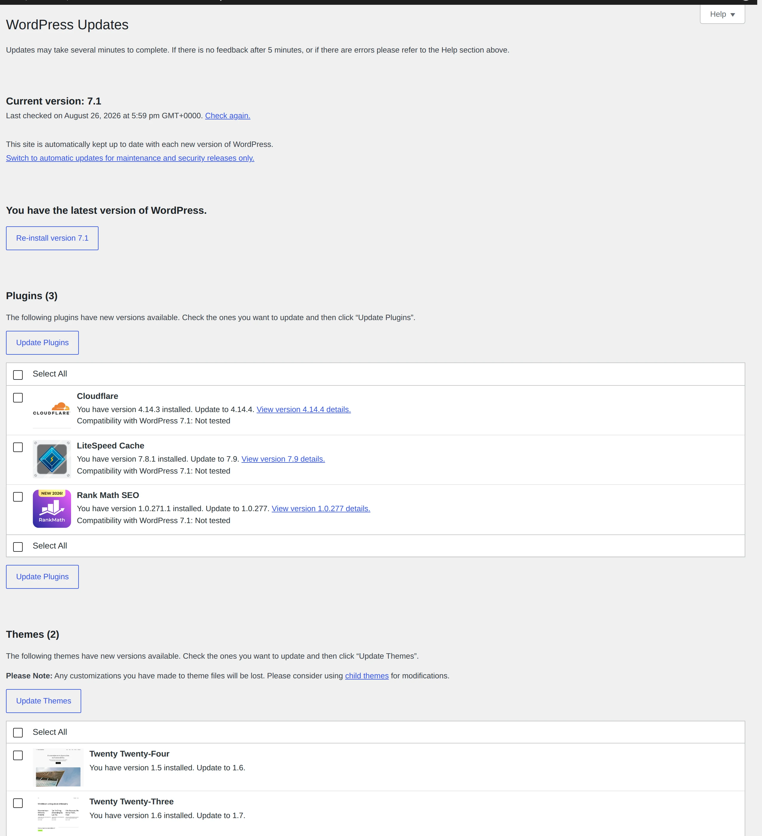 WordPress Updates screen showing core and plugin updates