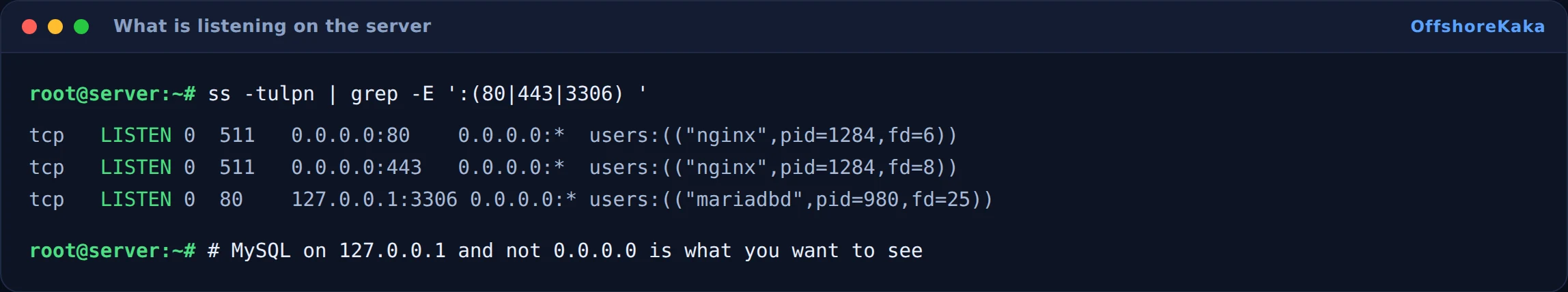 Terminal output of ss showing nginx listening on ports 80 and 443 and MySQL bound to localhost only