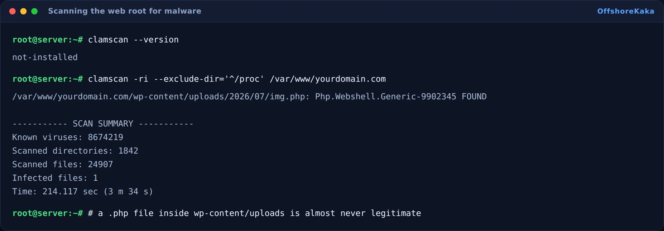 ClamAV scan output showing one infected PHP webshell found inside the WordPress uploads directory