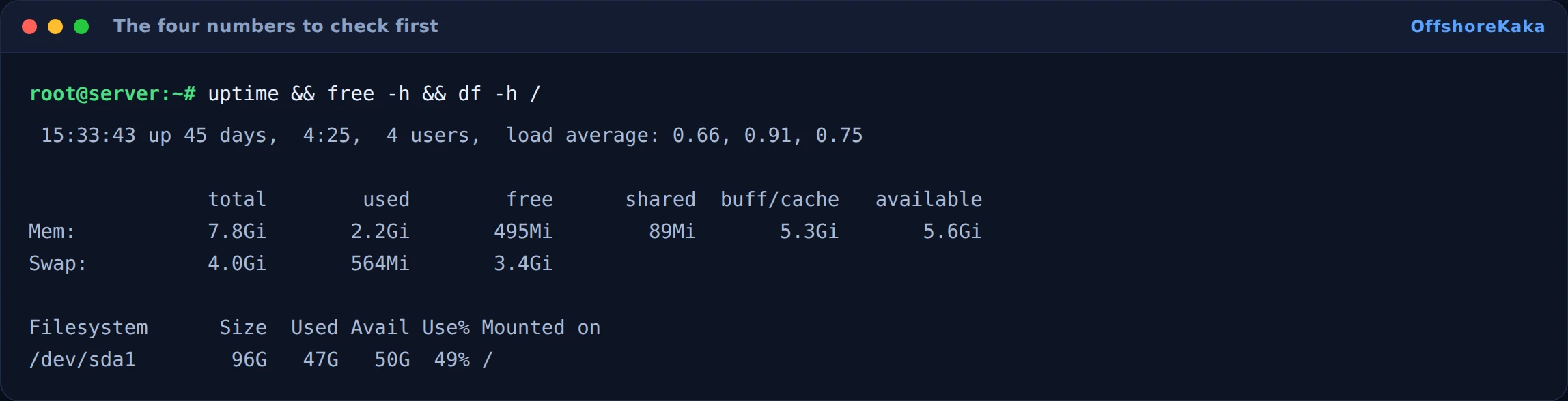 Terminal showing uptime with load averages, free memory output and disk usage