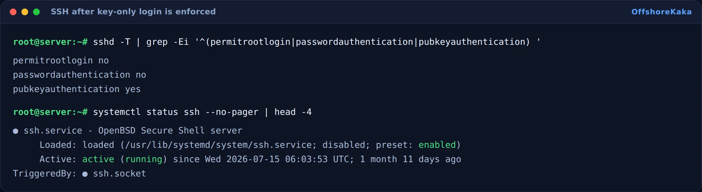 Terminal confirming root login and password authentication are both disabled and SSH is running