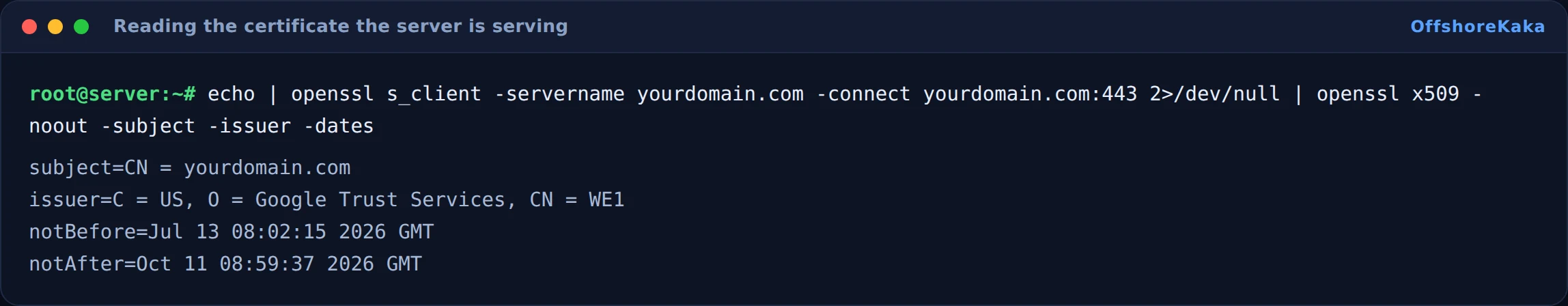 Terminal showing certificate subject, issuer and the notBefore and notAfter validity dates