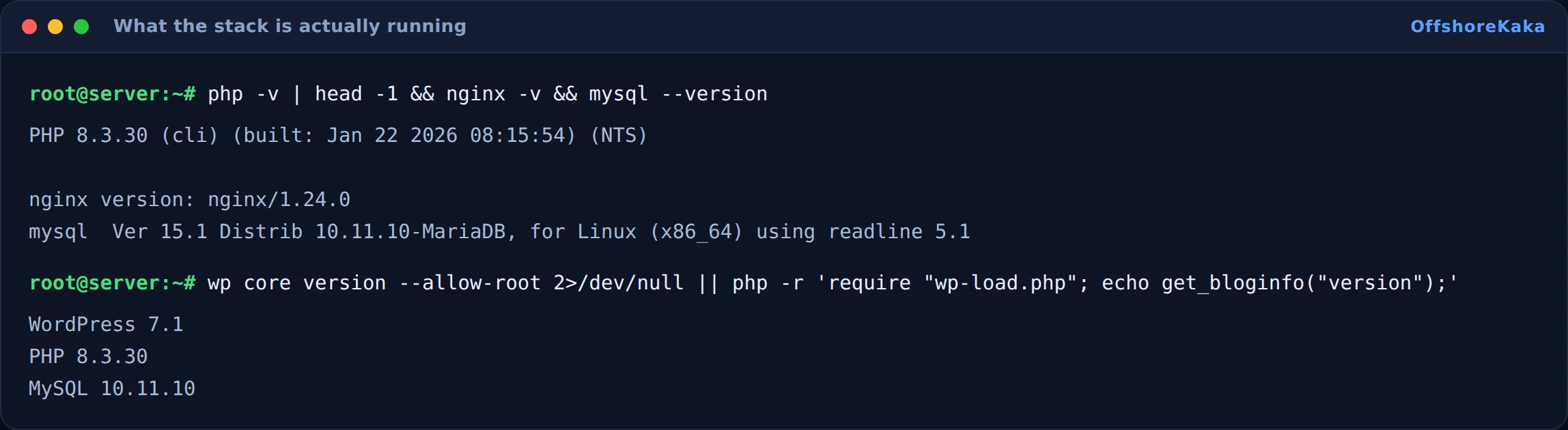 Terminal showing PHP, nginx, MySQL and WordPress version numbers