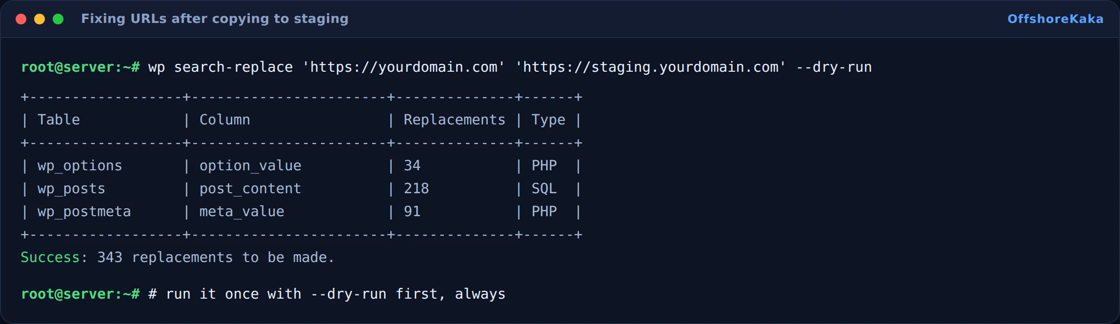 WP-CLI search-replace dry run listing tables and the number of replacements per table
