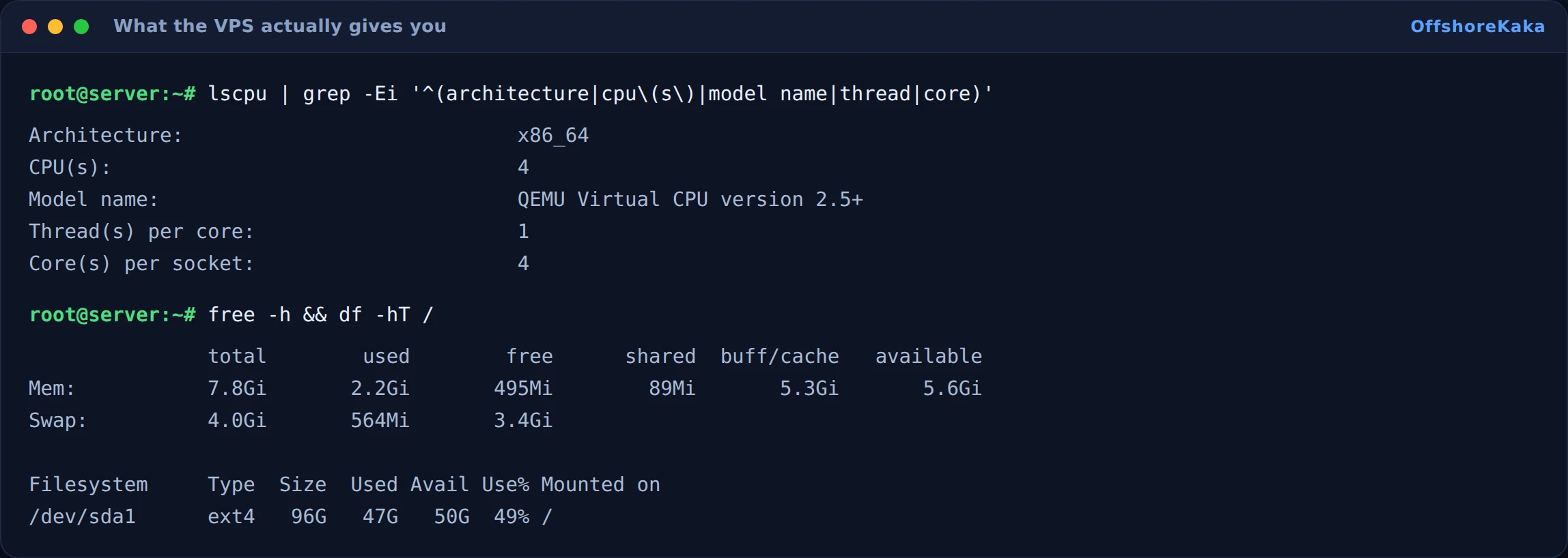 Terminal showing CPU model and core count alongside memory and disk usage